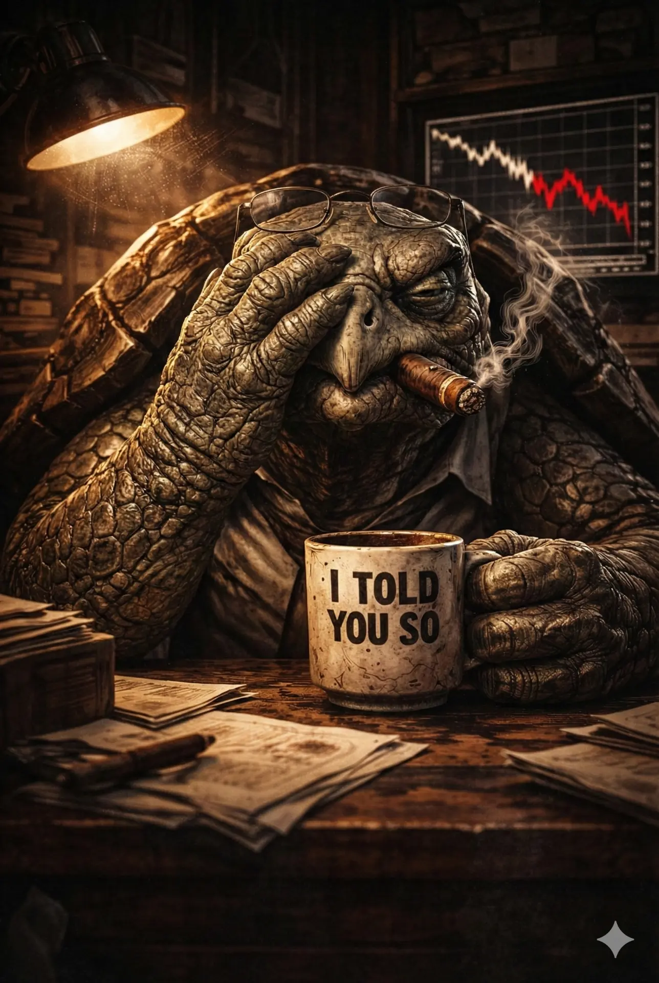 Barnaby J. Morgan com a cabeça apoiada na mão, segurando uma caneca escrito 'I told you so'